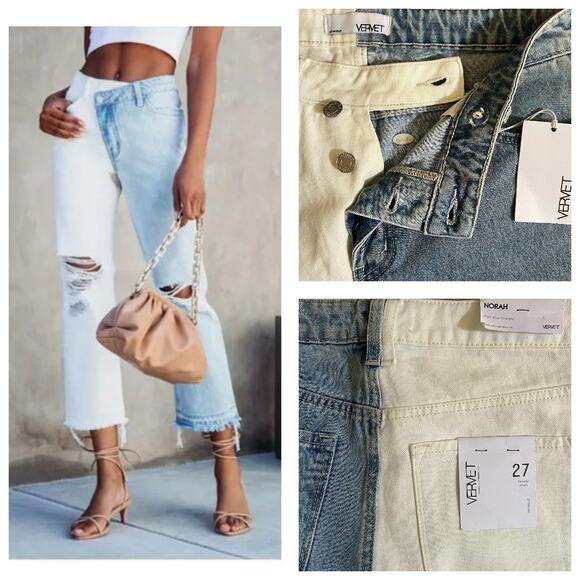 NWT VERVET Norah High Rise Straight Jeans 27 | Asymmetrical Denim Colorblock - Picture 1 of 11